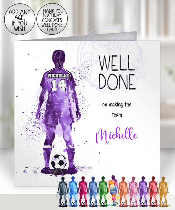 personalised watercolour football girl birthday card