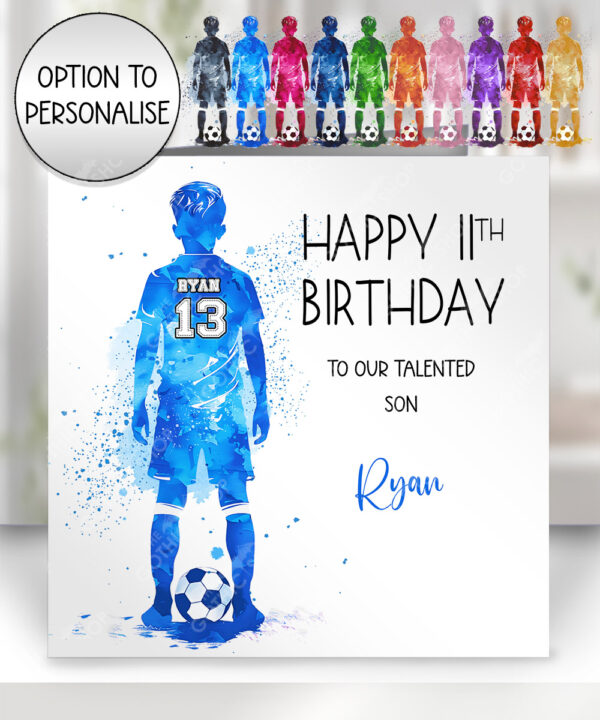 personalised watercolour football boy birthday card