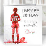personalised watercolour rugby player girl's birthday card