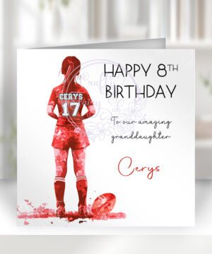 personalised watercolour rugby player girl's birthday card