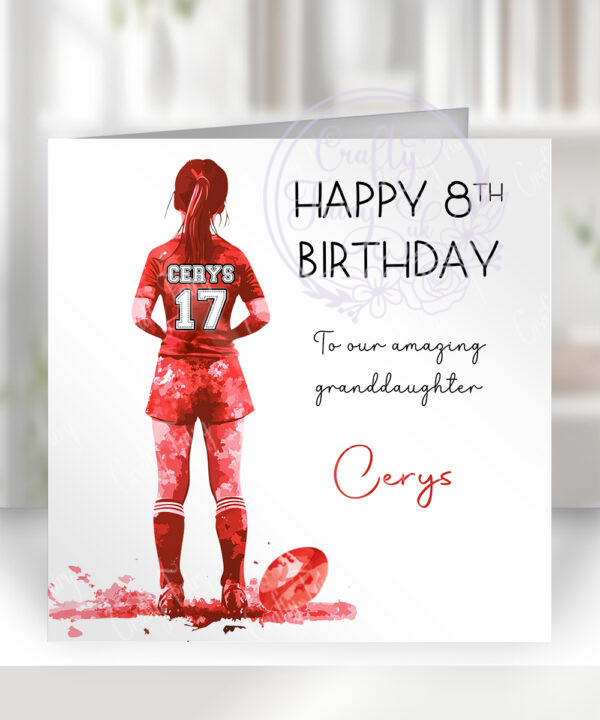 personalised watercolour rugby player girl's birthday card