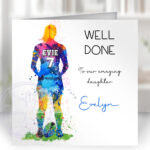 personalised watercolour rugby player girl's birthday card