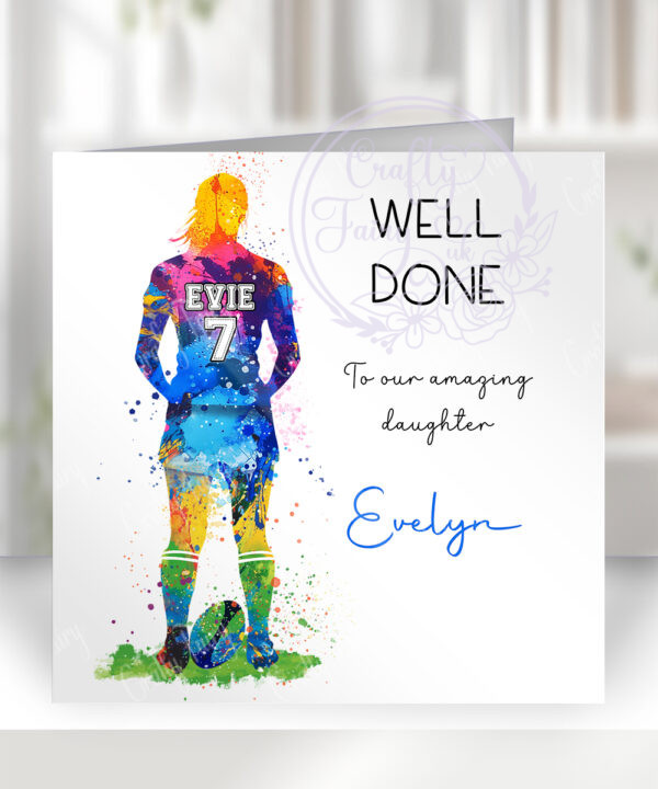 personalised watercolour rugby player girl's birthday card