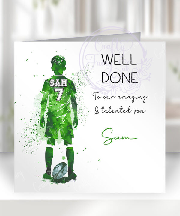 personalised watercolour rugby player boy's birthday card