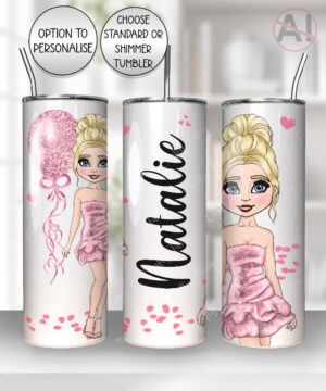 personalised pink glitter dress lady with balloons straight tumbler