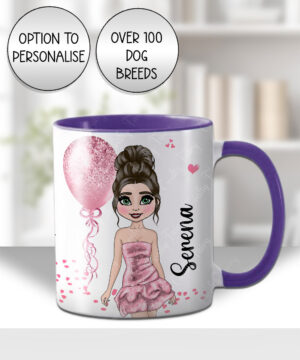 personalised pink glitter dress lady with balloons mug