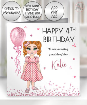 personalised hearts dress toddler girl & pink balloon card birthday, all occasion