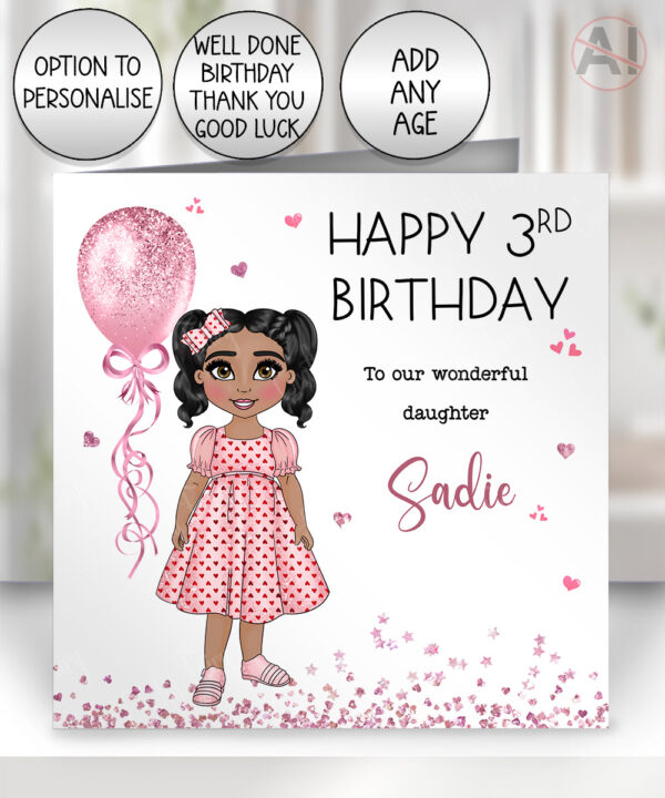 personalised hearts dress toddler girl & pink balloon card birthday, all occasion