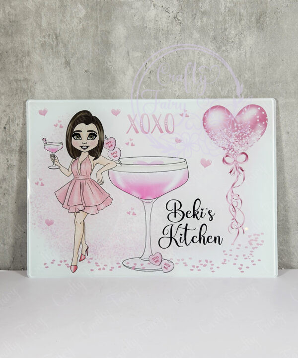 personalised pink lady with love heart cocktail glass chopping board or worktop protector