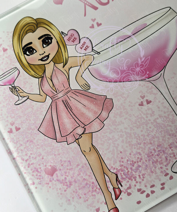 personalised pink lady with love heart cocktail glass chopping board or worktop protector