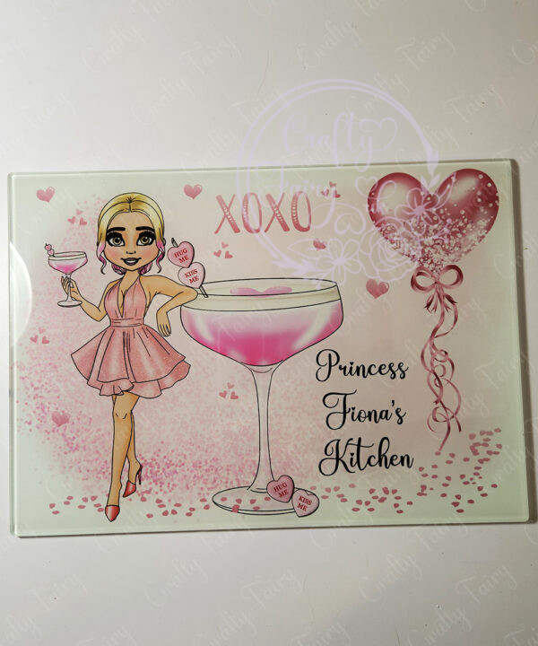 personalised pink lady with love heart cocktail glass chopping board or worktop protector