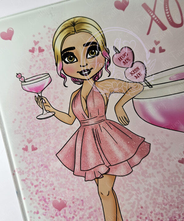 personalised pink lady with love heart cocktail glass chopping board or worktop protector