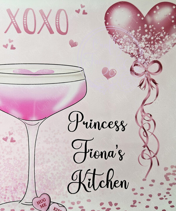 personalised pink lady with love heart cocktail glass chopping board or worktop protector