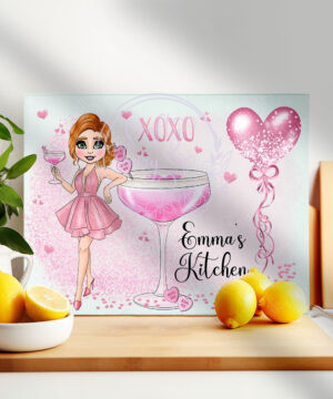 personalised pink lady with love heart cocktail glass chopping board or worktop protector