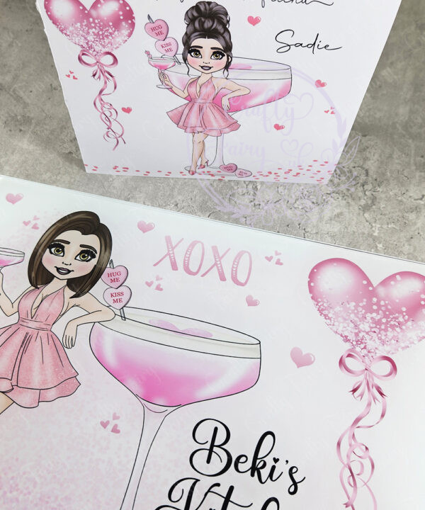personalised pink lady with love heart cocktail glass chopping board or worktop protector