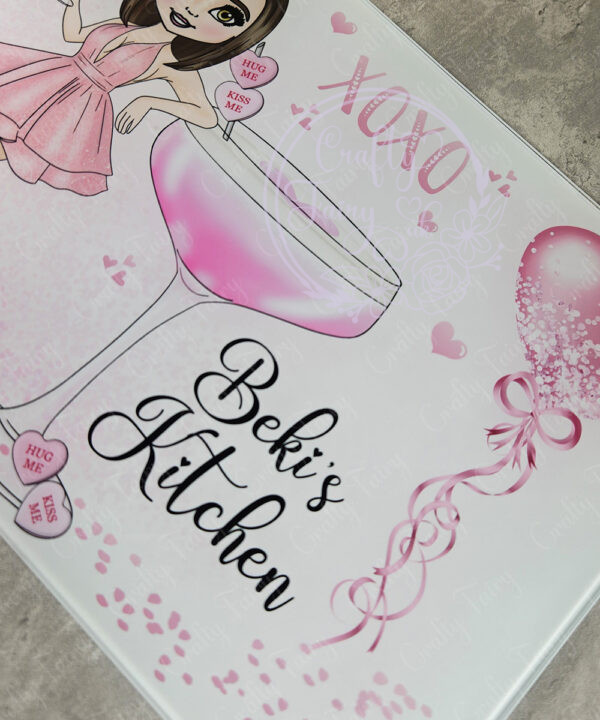 personalised pink lady with love heart cocktail glass chopping board or worktop protector