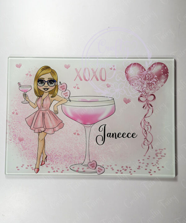personalised pink lady with love heart cocktail glass chopping board or worktop protector