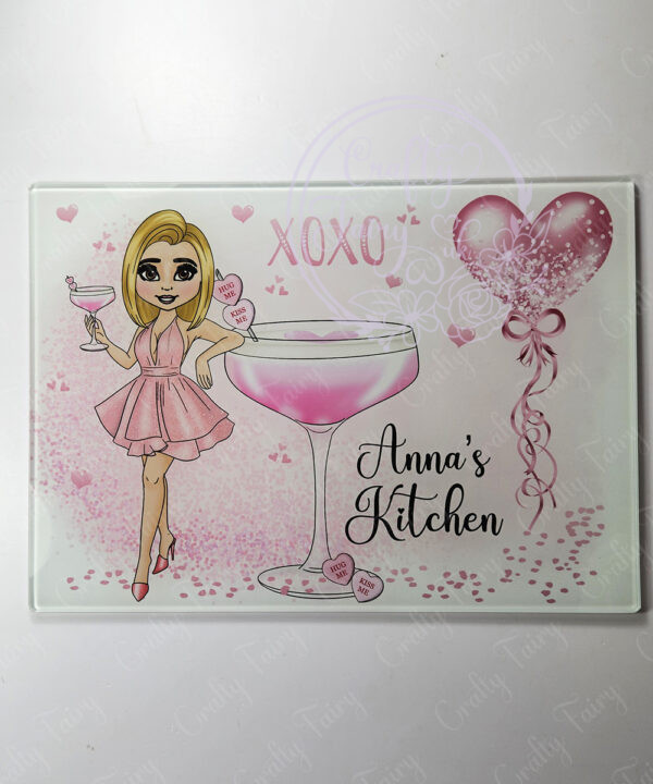 personalised pink lady with love heart cocktail glass chopping board or worktop protector