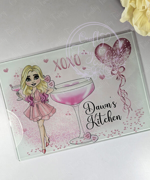 personalised pink lady with love heart cocktail glass chopping board or worktop protector