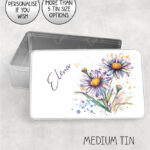 personalised purple aster flowers print large keepsake rectangular tin