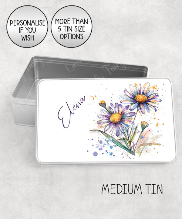 personalised purple aster flowers print large keepsake rectangular tin