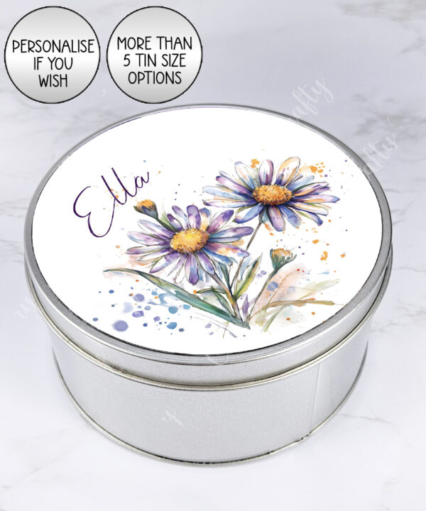personalised purple aster flowers print large keepsake rectangular tin