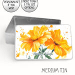 personalised marigold flowers print large keepsake rectangular tin