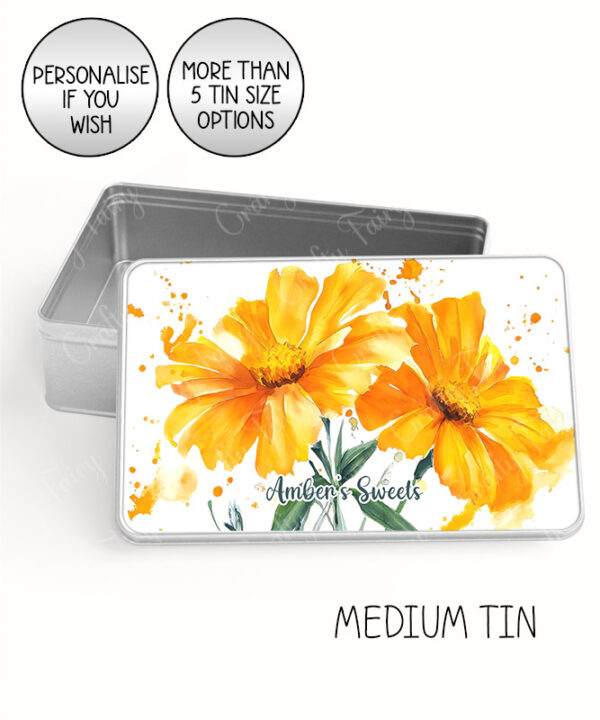 personalised marigold flowers print large keepsake rectangular tin