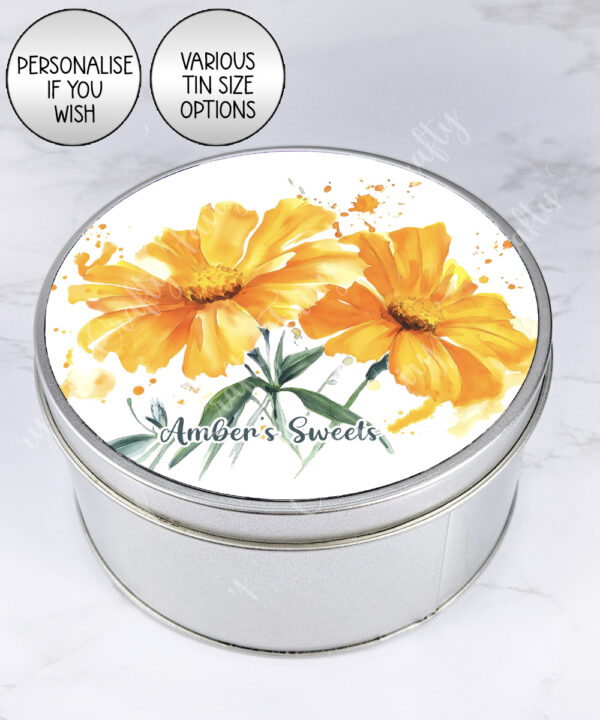 personalised marigold flowers print large keepsake rectangular tin