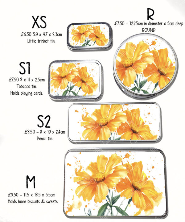 personalised marigold flowers print large keepsake rectangular tin