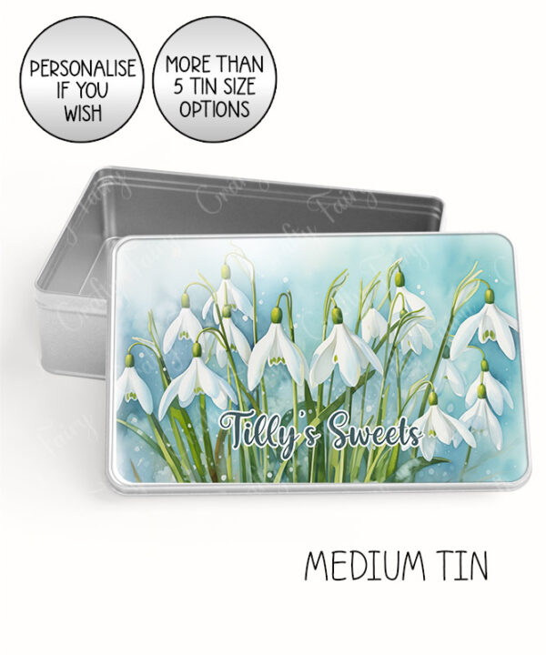 personalised snowdrops flowers print large keepsake rectangular tin