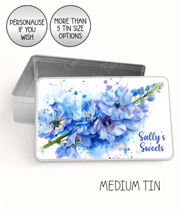 personalised delphinium flower large keepsake rectangular tin