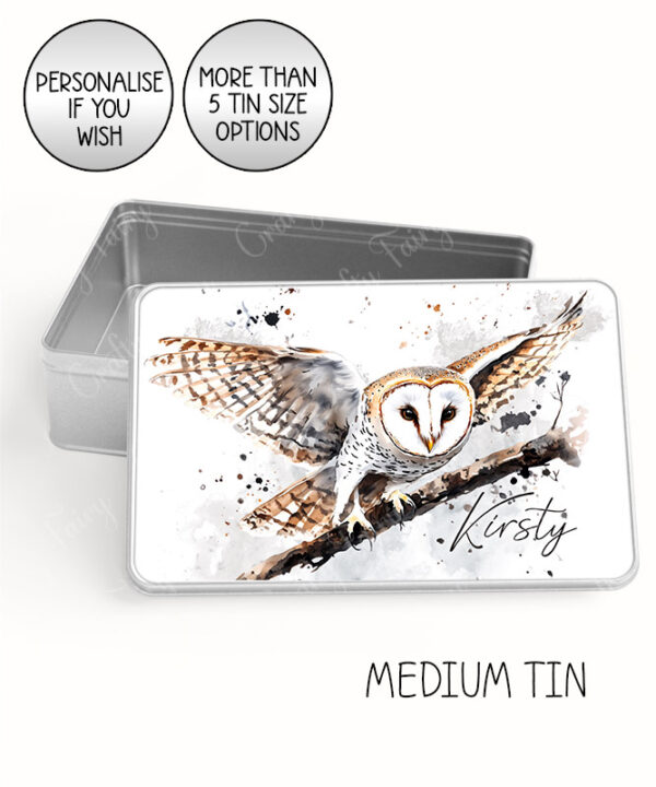 personalised beautiful owl large keepsake rectangular tin