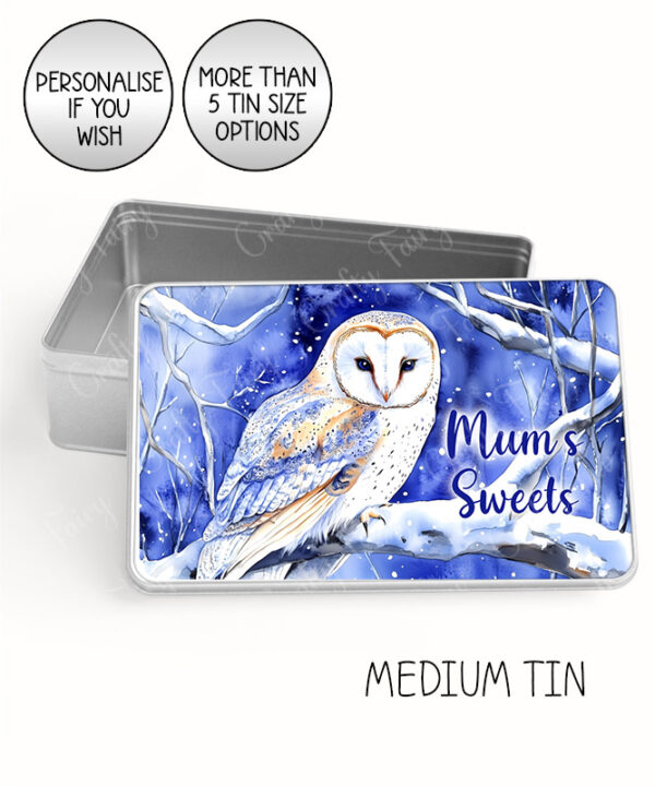 personalised owl blue background large keepsake rectangular tin