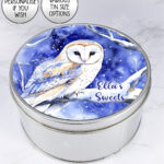 personalised owl blue background large keepsake rectangular tin