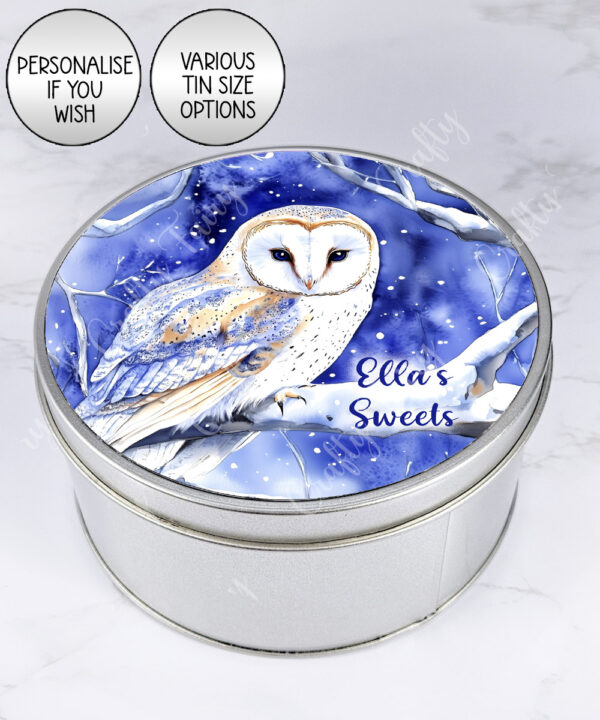 personalised owl blue background large keepsake rectangular tin