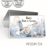 personalised swooping owl in snow large keepsake rectangular tin