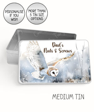 personalised swooping owl in snow large keepsake rectangular tin
