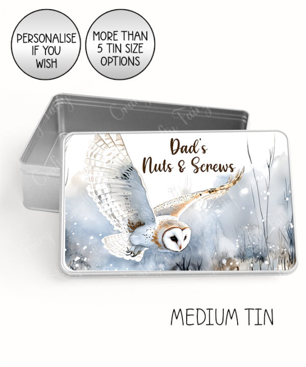 personalised swooping owl in snow large keepsake rectangular tin