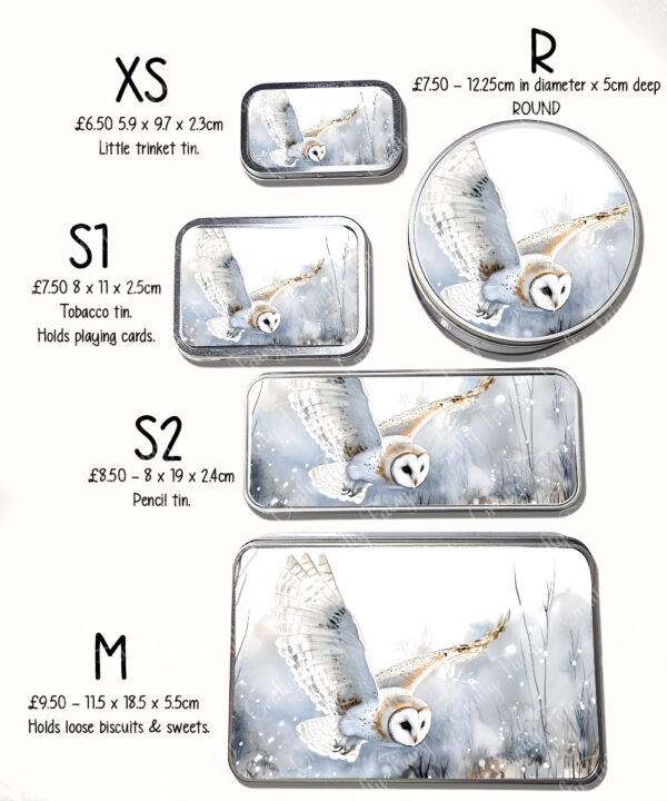 personalised swooping owl in snow large keepsake rectangular tin
