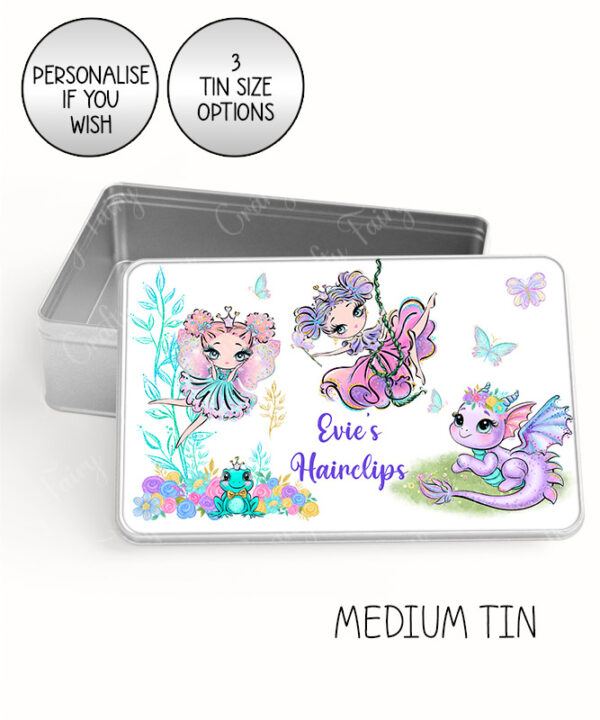 personalised whimsical fairies large keepsake rectangular tin