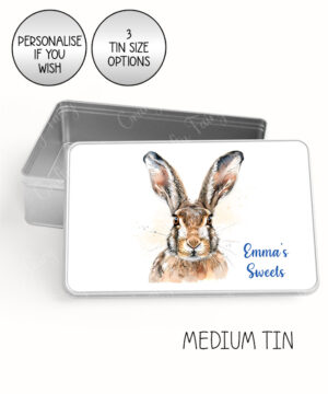 personalised hare face large keepsake rectangular tin