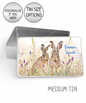 personalised spring hares purple flowers large keepsake rectangular tin