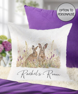 personalised spring hares purple flowers dual colour velvet cushion