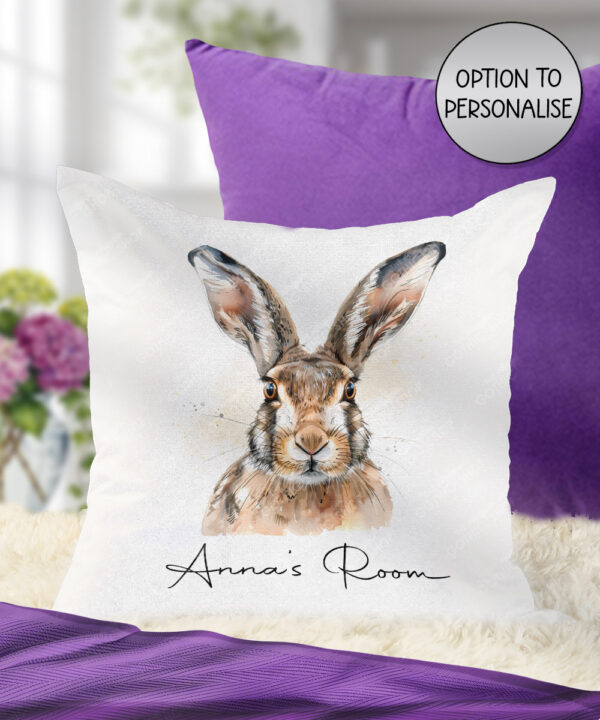 personalised watercolour hare dual colour velvet cushion