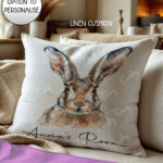 personalised watercolour hare dual colour velvet cushion
