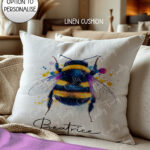 personalised watercolour bumble bee dual colour velvet cushion