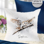 personalised watercolour owl on branch dual colour velvet cushion
