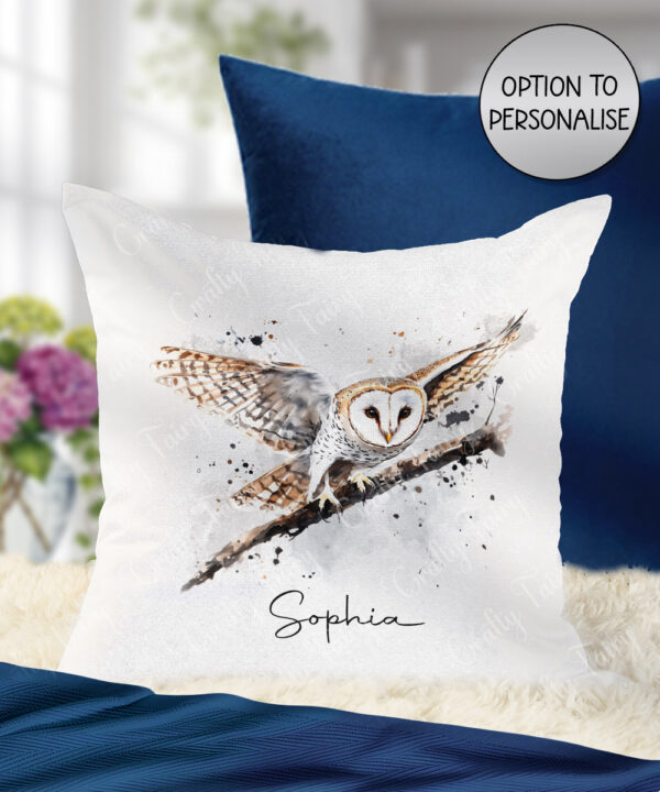 personalised watercolour owl on branch dual colour velvet cushion