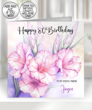 personalised watercolour gladioli flowers birthday card
